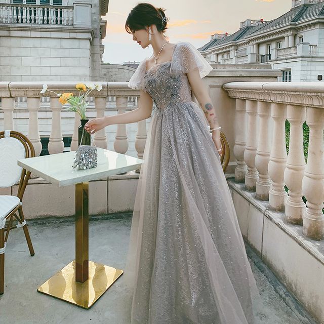 Short-Sleeve Cocktail Flower Dress / Accent Evening A-Line Gown