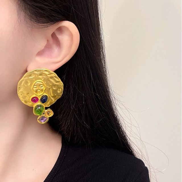 Faux Earring Stud Gemstone Disc