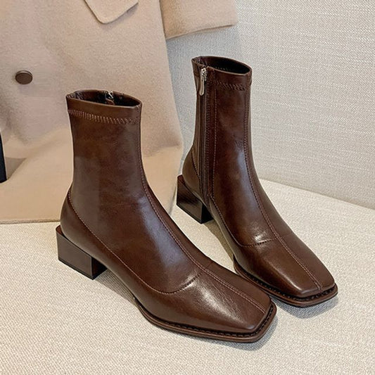 Square Block Short Faux Leather Toe Boots Heel