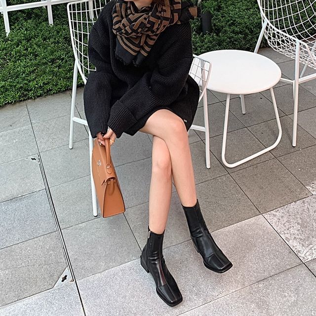 Square Block Short Faux Leather Toe Boots Heel