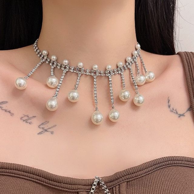 Fringed Rhinestone Pearl Choker Faux Alloy