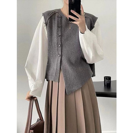 Asymmetrical Crew Neck Button-Up Vest Plain Hem Sweater