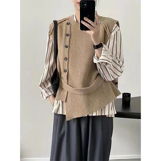 Asymmetrical Crew Neck Button-Up Vest Plain Hem Sweater
