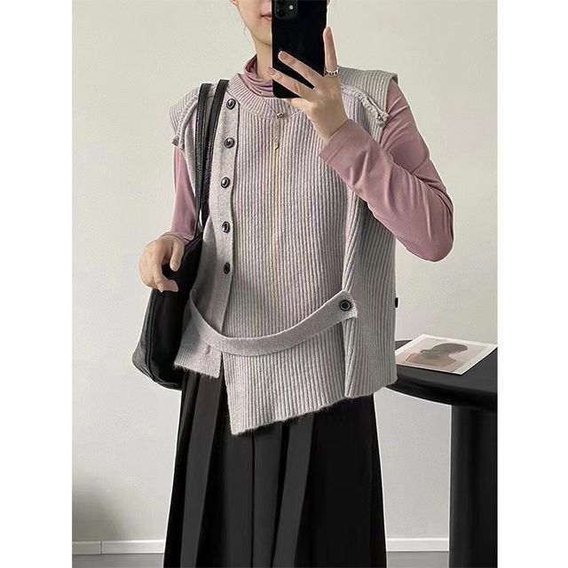Asymmetrical Crew Neck Button-Up Vest Plain Hem Sweater