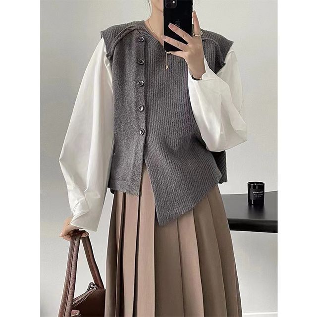 Asymmetrical Crew Neck Button-Up Vest Plain Hem Sweater