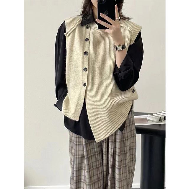 Asymmetrical Crew Neck Button-Up Vest Plain Hem Sweater