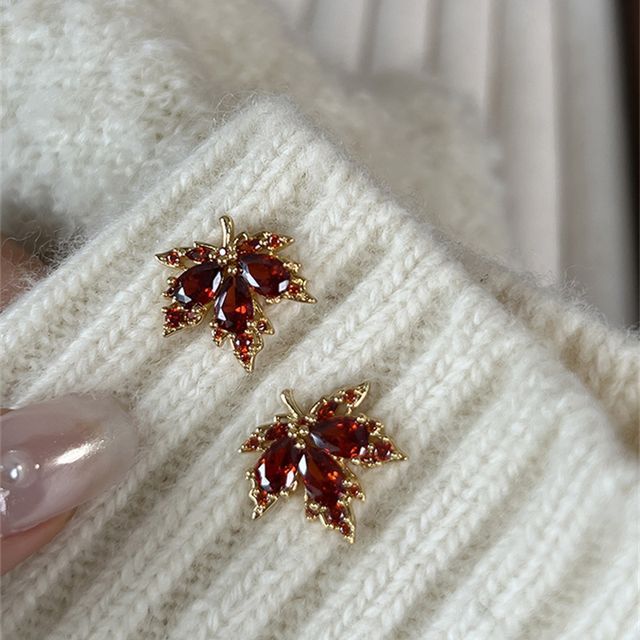 Earring Leaf Rhinestone Alloy