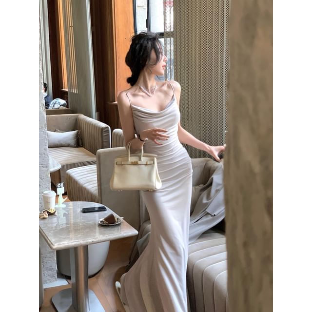 Strap Spaghetti Gown Neck Evening Plain Mermaid Cowl