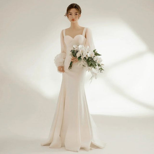 Plain Sheath Gown Wedding Neckline Sweetheart Long-Sleeve