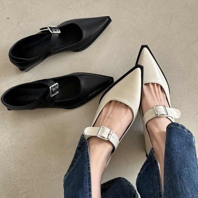 Heel Pointy Jane Shoes Toe Chunky Mary