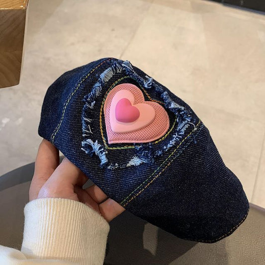 Hat Beret Denim Heart