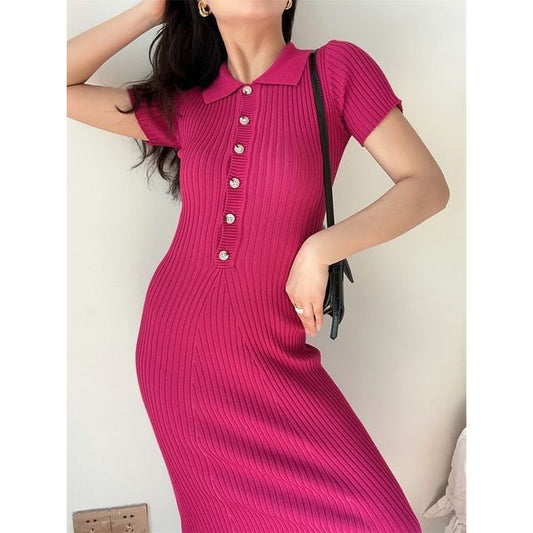 Dress Sheath Plain Knit Short-Sleeve Polo Midi