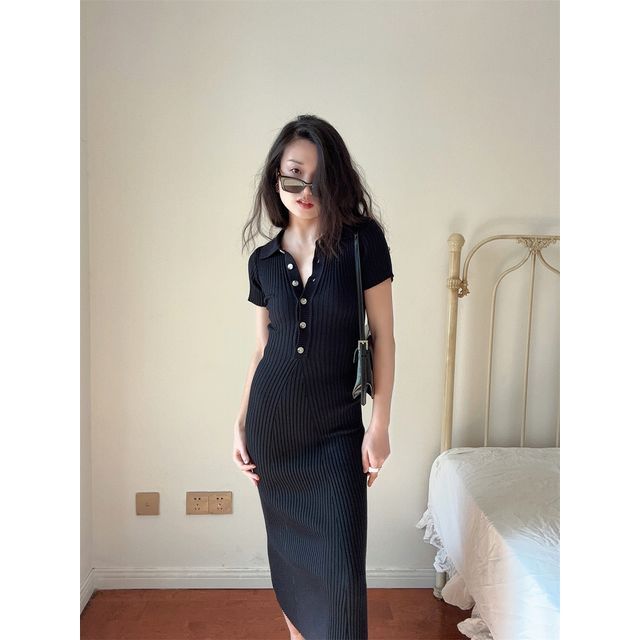 Sheath Midi Short-Sleeve Plain Polo Dress Knit