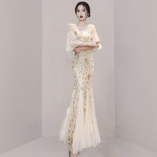 Short-Sleeve Print Mesh Gown Panel Mermaid Evening