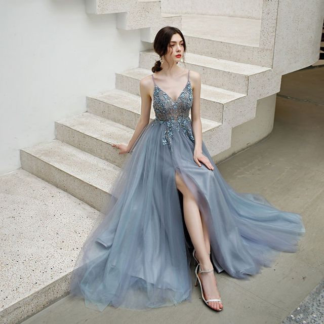 A-Line Rhinestone Evening Gown Floral Spaghetti Strap
