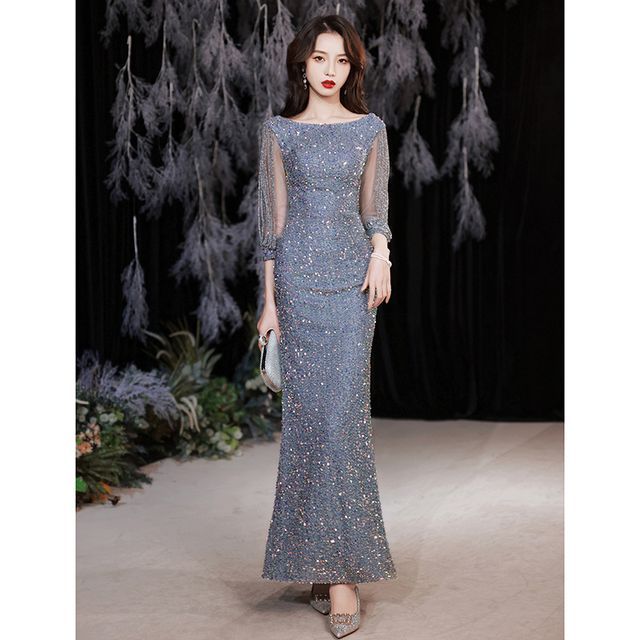 Evening Mermaid Puff-Sleeve Gown Sequined Rhinestone