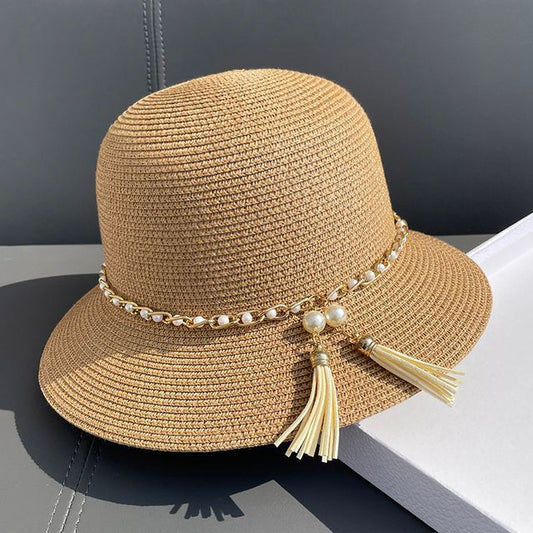 Hat Pearl Bucket Straw Faux