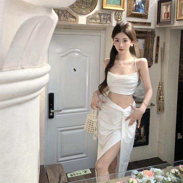 Plain A-Line + Camisole Crop Slit Skirt Waist Top High Twist Set: Ruched High-Low