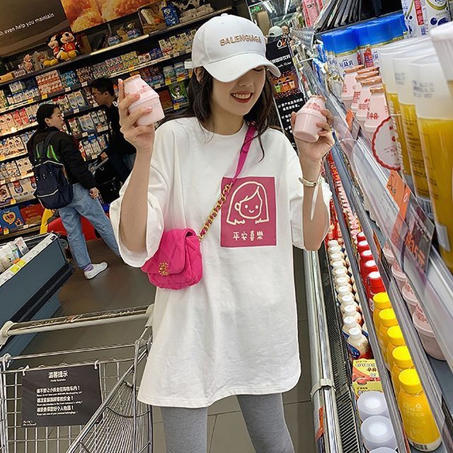 T-Shirt Crew Elbow-Sleeve Print Neck Cartoon