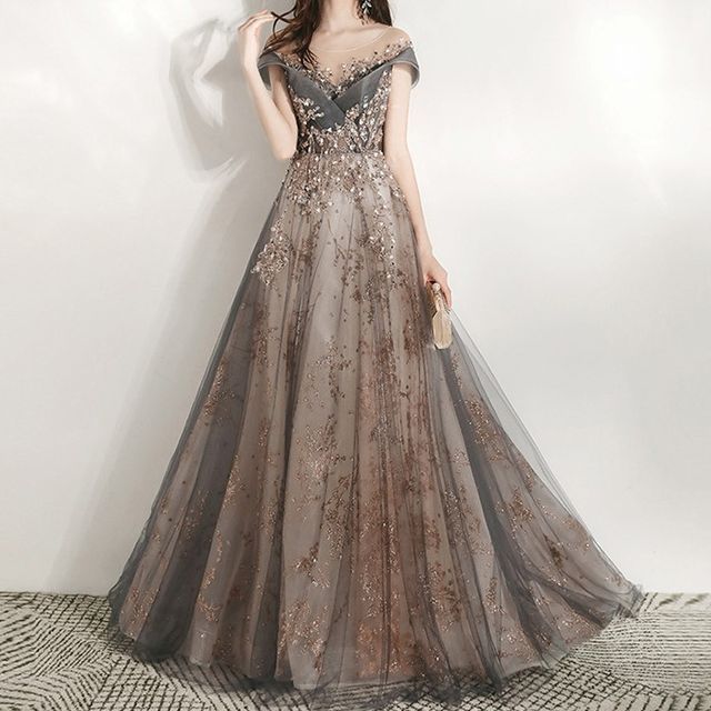 A-Line Mesh Gown Cap Scoop Beaded Sleeve Evening Neck Panel