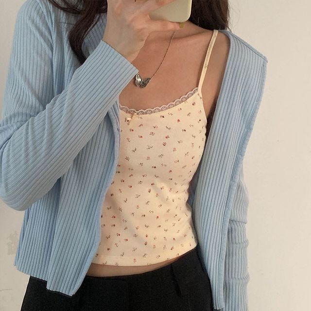 Lace Camisole Top Trim Print Crop Floral