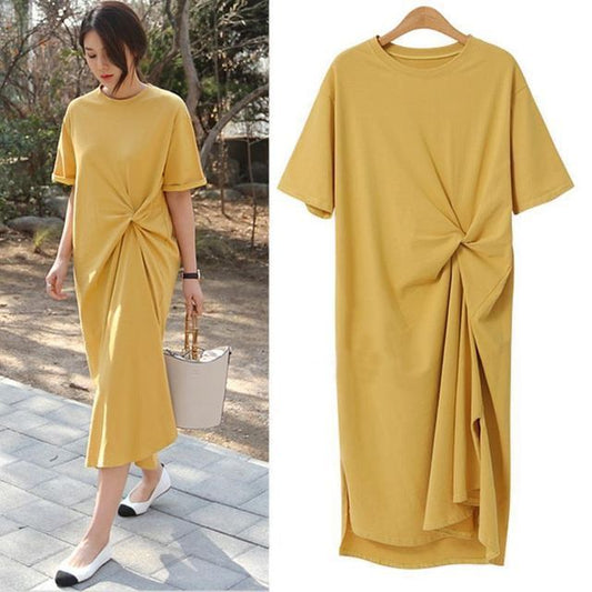 Plain T-Shirt Short-Sleeve Neck Crew Twist Midi Dress