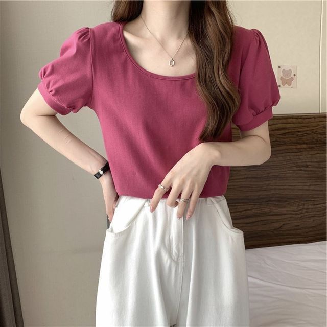 Puff-Sleeve Neck Scoop T-Shirt Plain