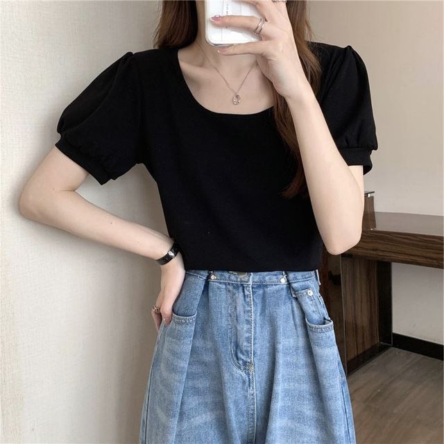 Puff-Sleeve Neck Scoop T-Shirt Plain