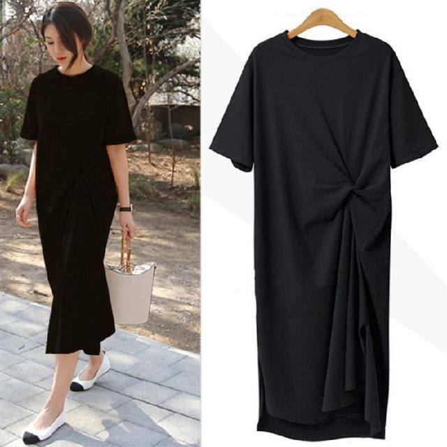 Plain T-Shirt Short-Sleeve Neck Crew Twist Midi Dress