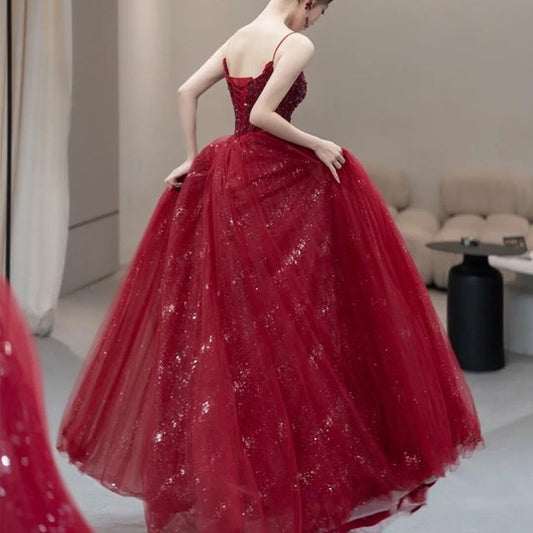 Sequined Gown Evening Spaghetti Mesh Strap A-Line