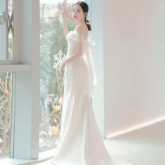 Mermaid Shoulder Short-Sleeve Gown Off Plain Panel Bow Ruched Mesh Wedding
