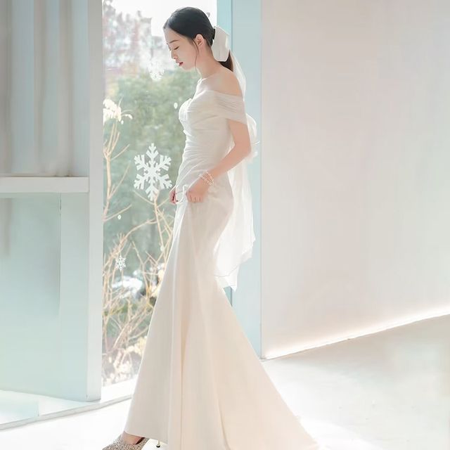 Mermaid Shoulder Short-Sleeve Gown Off Plain Panel Bow Ruched Mesh Wedding