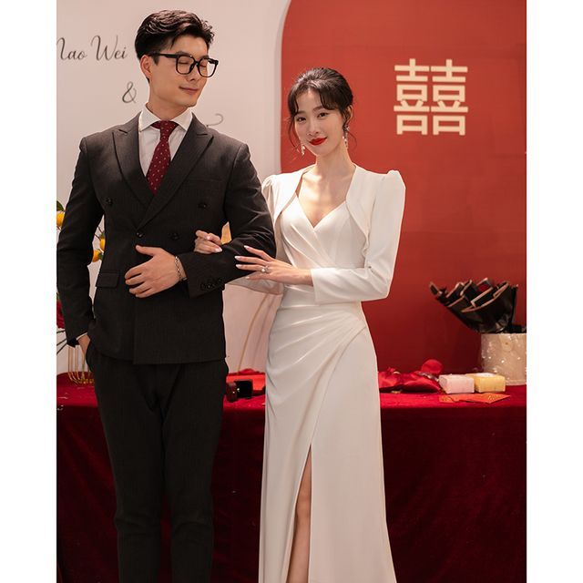 Gown Ruched Slit Set Plain A-Line / Bolero Wedding Strap V-Neck Spaghetti Wrap