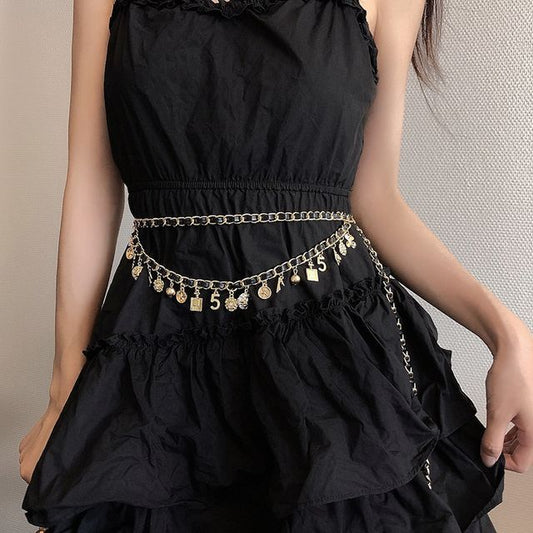 Chain Alloy Belt Leather Layered Fringed Waist Faux