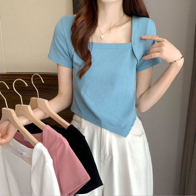 T-Shirt Square Cropped Neck Short-Sleeve Irregular