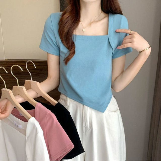 T-Shirt Square Cropped Neck Short-Sleeve Irregular
