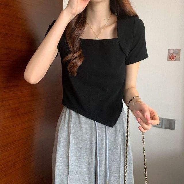 T-Shirt Square Cropped Neck Short-Sleeve Irregular