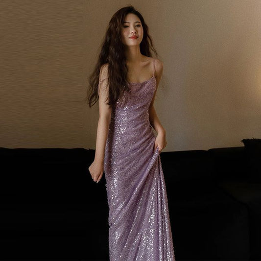 Spaghetti Plain Sheath Gown Strap Sequin Evening