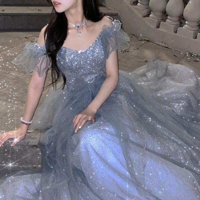 Off Short-Sleeve Mesh Panel Shoulder Gown Evening Glitter A-Line