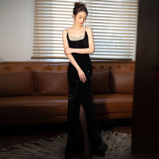 Strap Two Evening Sequin Mesh Mermaid Panel Spaghetti Gown Tone