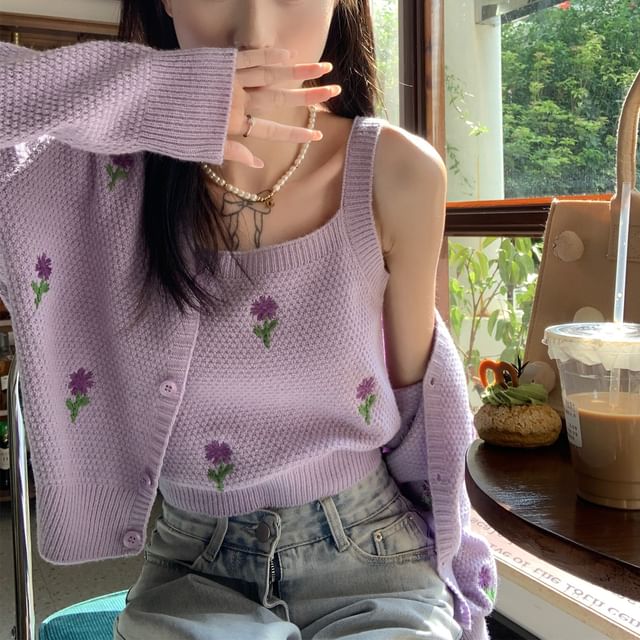 Square Cardigan Crop Top Neck Tank Floral Set: Embroidered Knit +