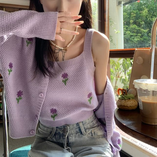 Square Cardigan Crop Top Neck Tank Floral Set: Embroidered Knit +