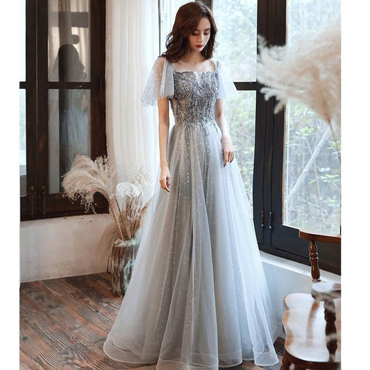 Mesh Evening A-Line / Cap-Sleeve Sequin Midi Gown Dress Panel