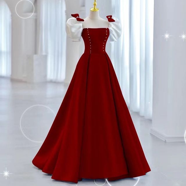 A-Line Bow Puff-Sleeve Two Evening Tone Gown