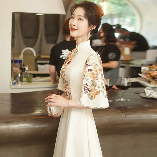Dress Collar Floral Embroidered Elbow-Sleeve A-Line Evening Mandarin