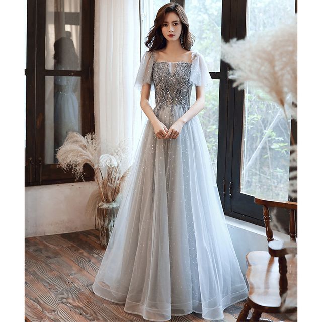 Mesh Evening A-Line / Cap-Sleeve Sequin Midi Gown Dress Panel
