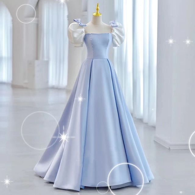 A-Line Gown Two Evening Puff-Sleeve Bow Tone