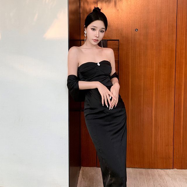 Evening Plain Strapless Gown Bodycon Shirred