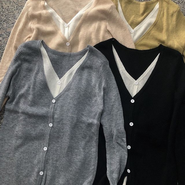 Mock Button-Up Two-Piece V-Neck Two Top Knit Tone Long-Sleeve