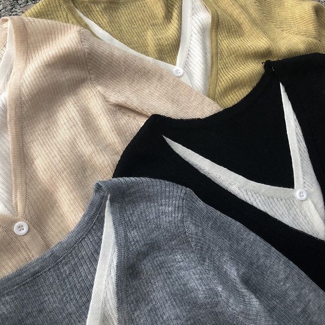 Mock Button-Up Two-Piece V-Neck Two Top Knit Tone Long-Sleeve